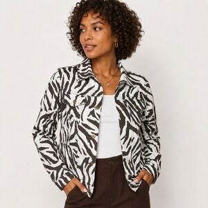 DG2 Diane Gilman Jacket XS Brown Ivory Trucker Stretch Animal Zebra Print Y2K
